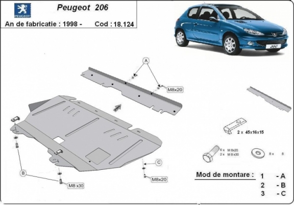 Steel skid plate for Peugeot 206