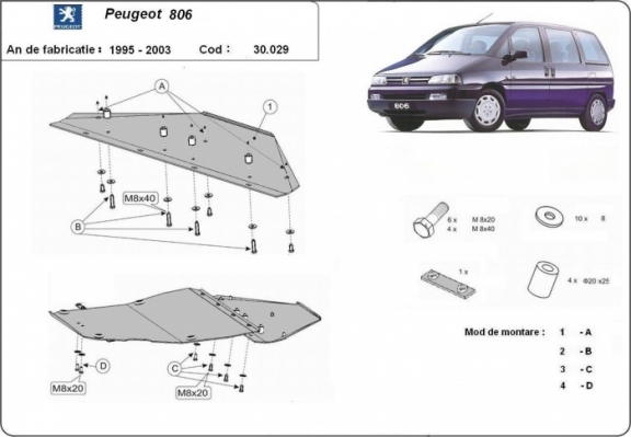 Steel skid plate for Peugeot 806