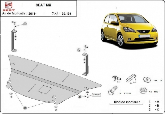 Steel skid plate for the protection of the engine and the gearbox for Seat Mii