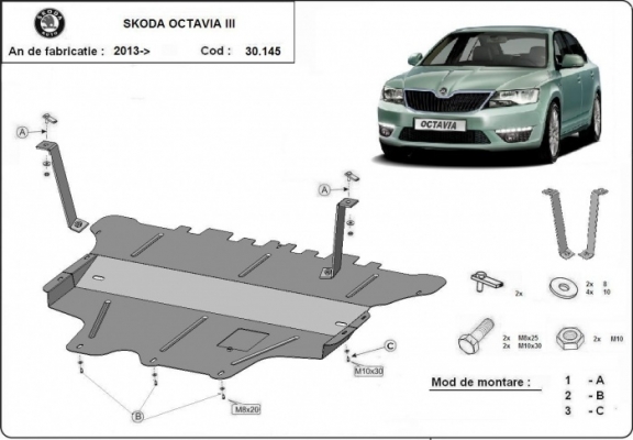 Steel skid plate for the protection of the engine and the gearbox for Skoda Octavia 3 - manual gearbox