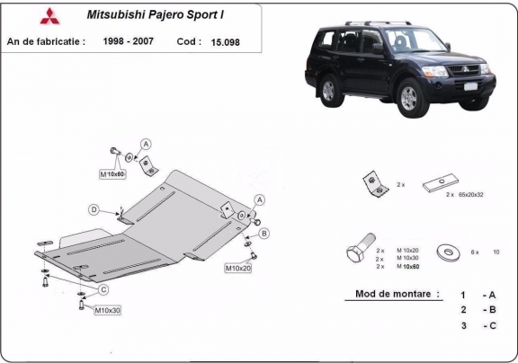 Steel skid plate for the protection of the engine and the radiator for Mitsubishi Pajero Sport 1