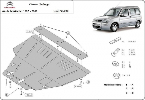 Steel skid plate for Citroen Berlingo