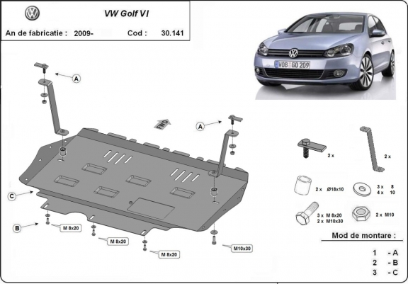 Steel skid plate for VW Golf 6