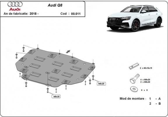 Steel gearbox skid plate for Audi Q8