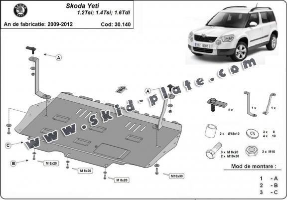 Steel skid plate for the protection of the engine and the gearbox for Skoda Yeti