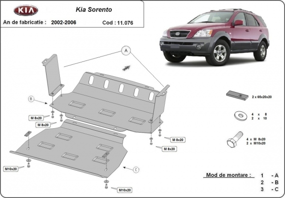 Steel skid plate for the protection of the engine and the radiator for Kia Sorento