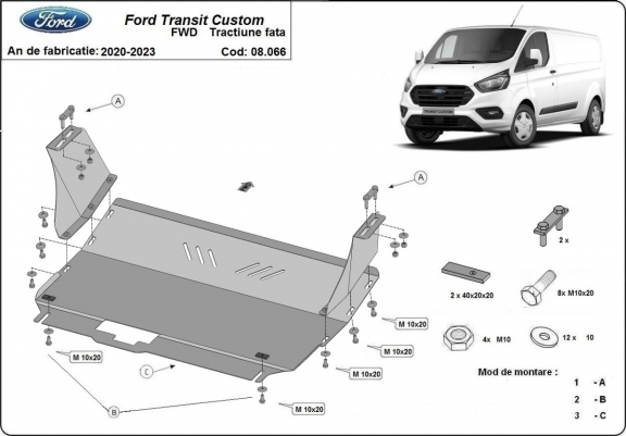 Steel skid plate for the protection of the engine and the gearbox for Ford Transit Custom - FWD