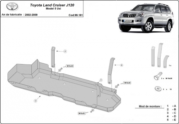 Steel fuel tank skid plate  for Toyota Land Cruiser J120 - for 5 doors model