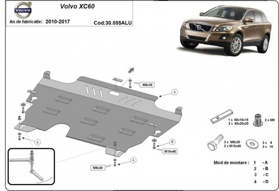 Aluminum skid plate for the protection of the engine and the gearbox for Volvo XC60