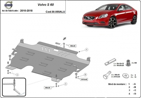 Aluminum skid plate for the protection of the engine and the gearbox for Volvo S60
