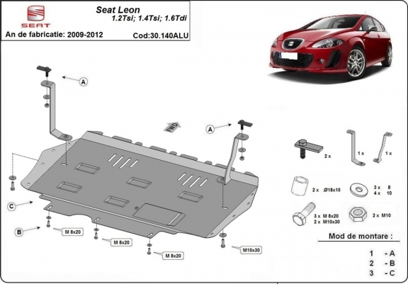 Aluminum skid plate for the protection of the engine and the gearbox for Seat Leon Mk2
