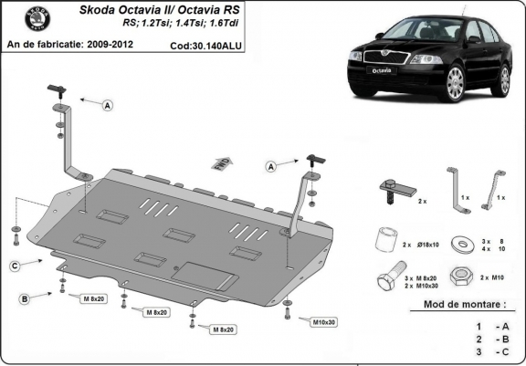 Aluminum skid plate for Skoda Octavia 2