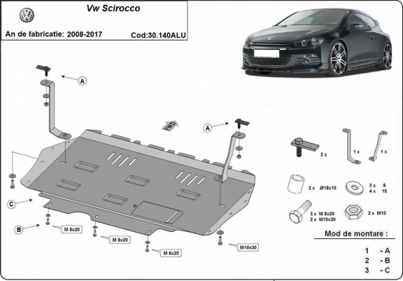 Aluminium skid plate for Volkswagen Scirocco