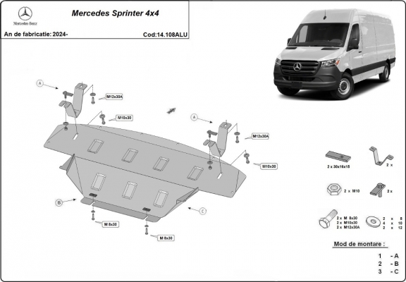 Aluminum skid plate for the protection of the engine and the gearbox for Mercedes Sprinter 907 4x4