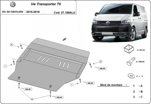 Aluminum skid plate for Volkswagen Transporter T6