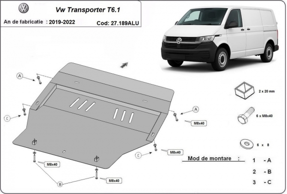 Aluminum skid plate for Volkswagen Transporter T6.1