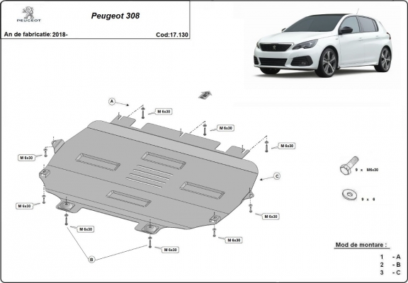 Steel skid plate for Peugeot 308