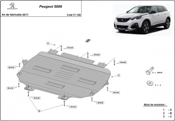 Steel skid plate for the protection of the engine and the gearbox for Peugeot 5008
