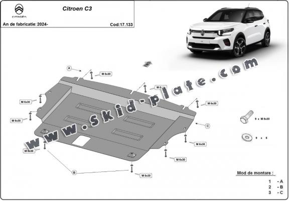 Steel skid plate for the protection of the engine and the gearbox for Citroen C3