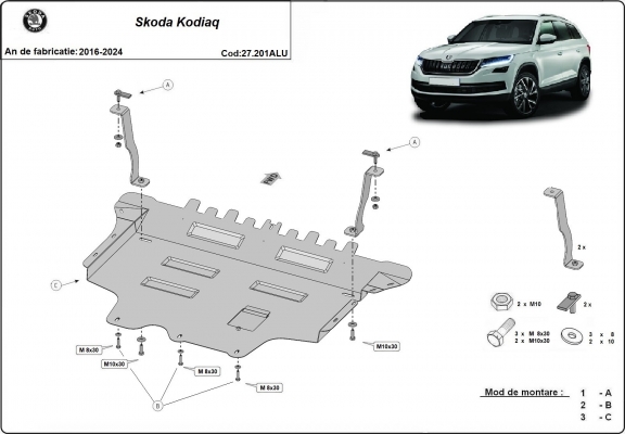 Aluminum skid plate for Skoda Kodiaq
