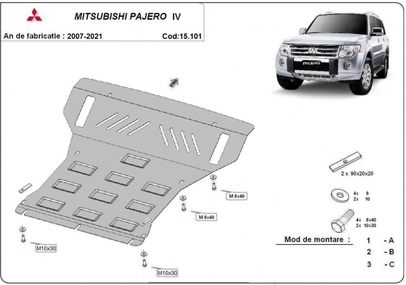 Steel skid plate for the protection of the engine and the radiator for Mitsubishi Pajero 4 (V80, V90)