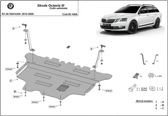 Steel skid plate for the protection of the engine and the gearbox for Skoda Octavia 3 - automatic gearbox