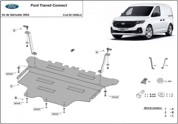 Aluminum skid plate for Ford Transit Connect