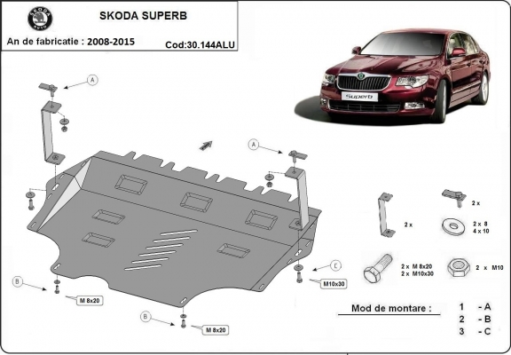 Aluminum skid plate for Skoda Superb II
