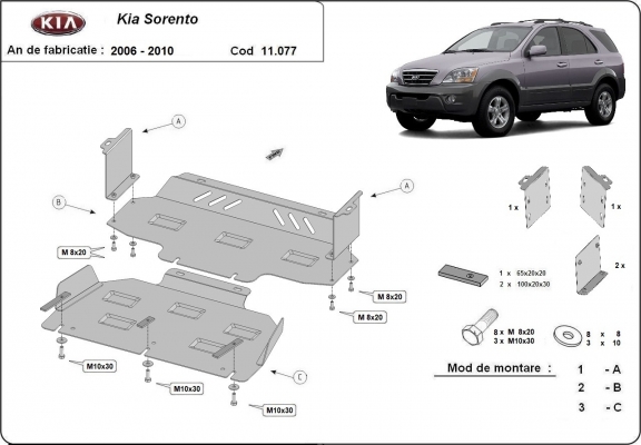 Steel skid plate for the protection of the engine and the radiator for Kia Sorento
