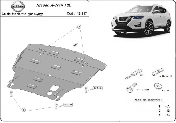 Steel skid plate for Nissan X-Trail T32