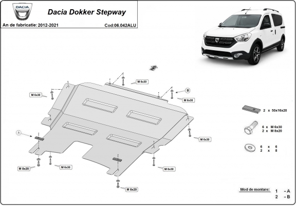 Aluminum skid plate for DACIA Dokker Stepway