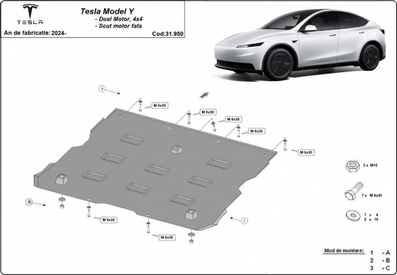 Front electric motor skid plate for Tesla Model Y AWD
