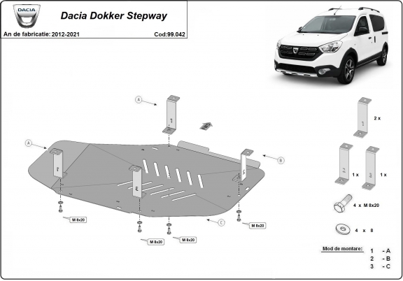 Steel fuel tank skid plate  for Dacia Dokker Stepway