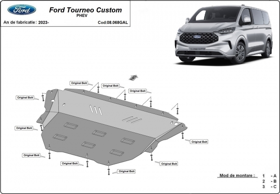 Galvanized steel skid plate for Ford Tourneo Custom PHEV