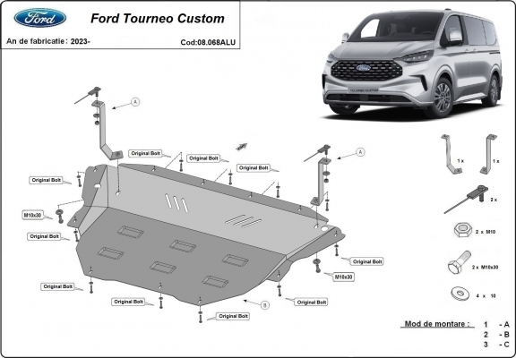 Aluminum skid plate for the protection of the engine and the gearbox for Ford Tourneo Custom