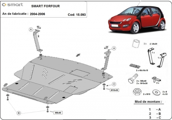 Steel skid plate for the protection of the engine and the gearbox for Smart ForFour petrol