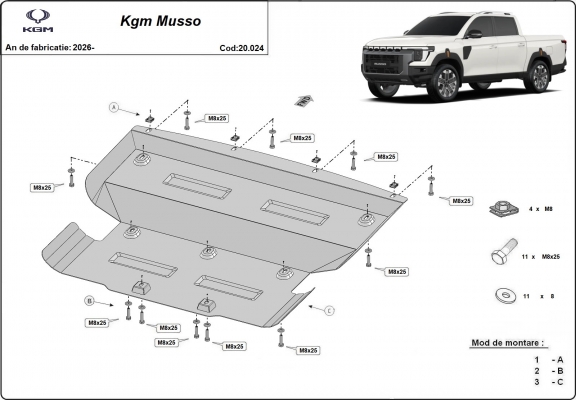 Steel skid plate for KGM Musso 