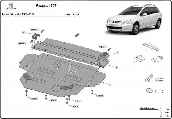 Steel skid plate for Peugeot 307
