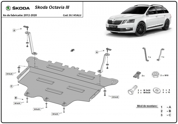 Aluminum skid plate for the protection of the engine and the gearbox for Skoda Octavia 3