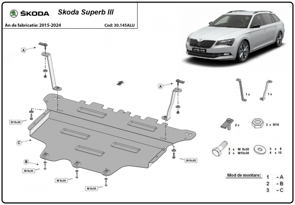 Aluminum skid plate for Skoda Superb III
