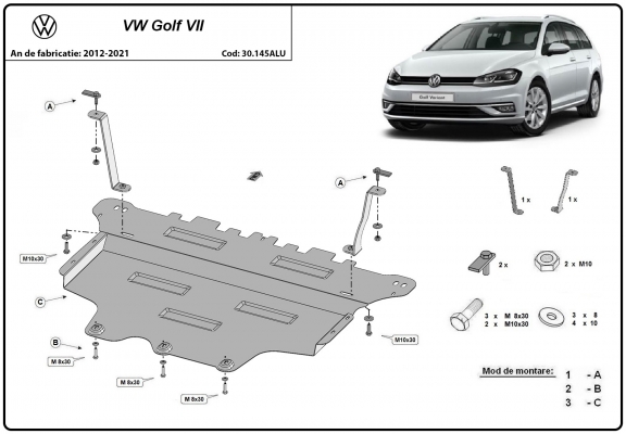 Aluminum skid plate for the protection of the engine and the gearbox for VW Golf 7