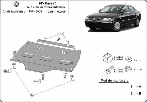 Steel automatic gearbox skid plate for VW Passat B5, B5.5