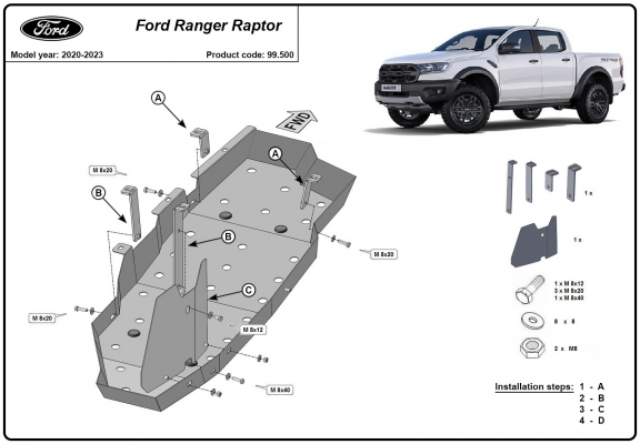 Steel fuel tank skid plate  for Ford Ranger Raptor