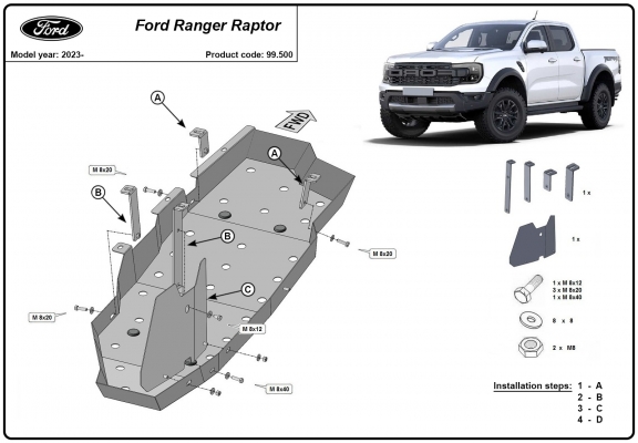 Steel fuel tank skid plate  for Ford Ranger Raptor