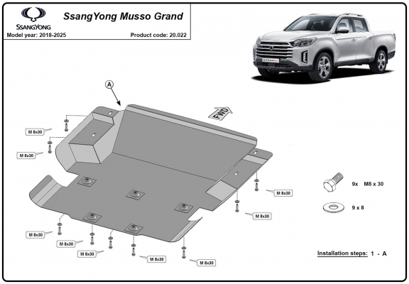 Steel skid plate for Ssangyong Musso Grand