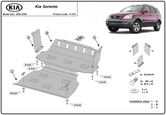 Steel skid plate for the protection of the engine and the radiator for Kia Sorento