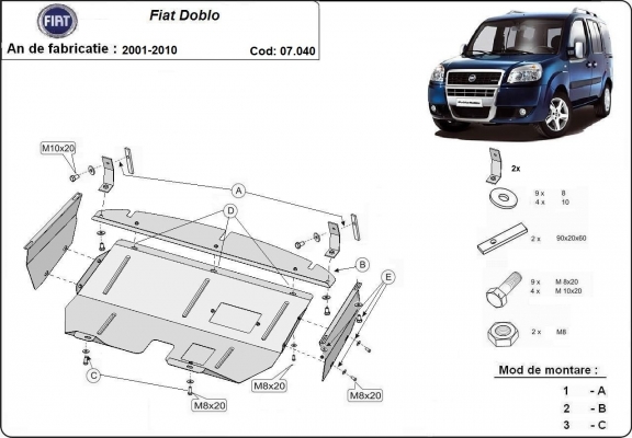 Steel skid plate for the protection of the engine and the gearbox for Fiat Doblo