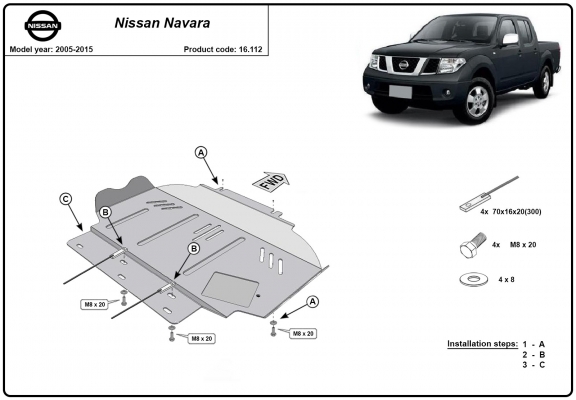 Steel skid plate for Nissan Navara D40